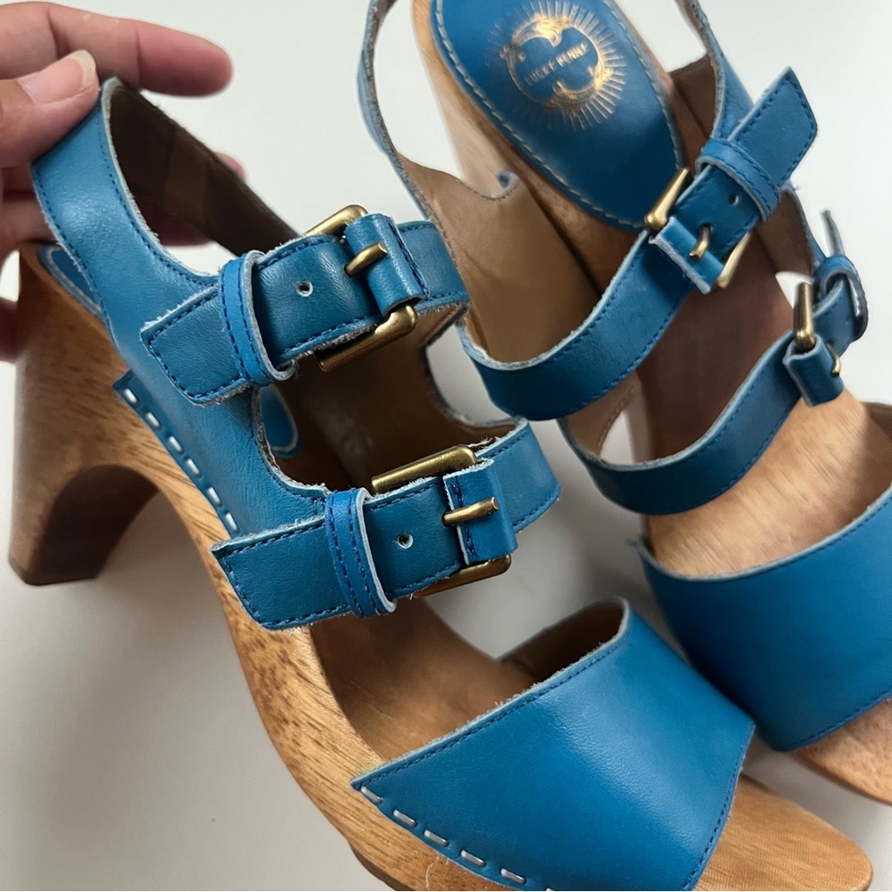 Anthropologie Women's Lucky Penny Leather Wooden Clogs Blue Brown Sz 7 Brazil - Picture 7 of 10